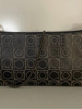 Salvatore Ferragamo Black Embossed Logo Shoulder Bag with Chain